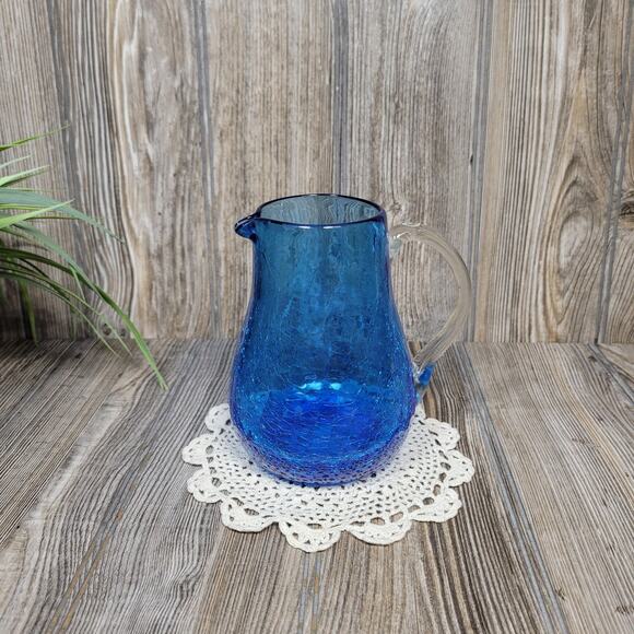 Vintage Blue Crackle Glass Pitcher Mid Century Decor - Picture 1 of 5